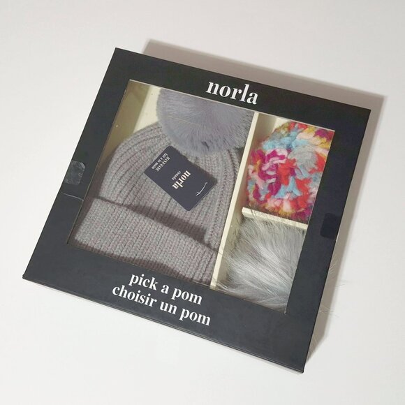 NIB / NWT Norla grey beanie hat toque 3 pom pom box set - Picture 4 of 4